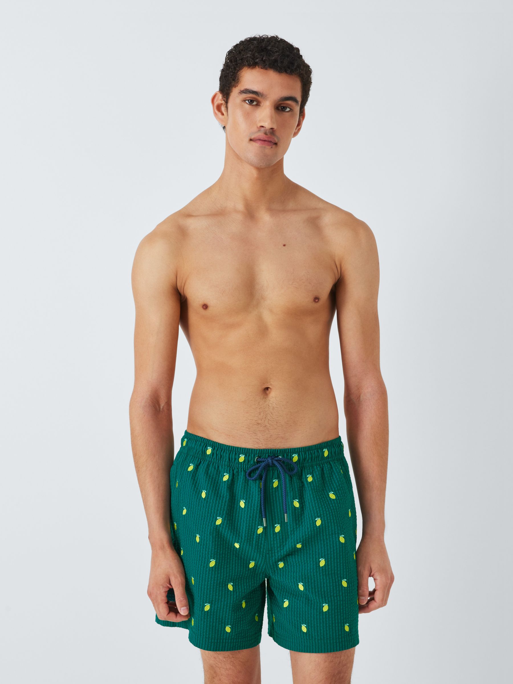 John Lewis Embroidered Seersucker Lemon Swim Shorts, Green/Multi, S