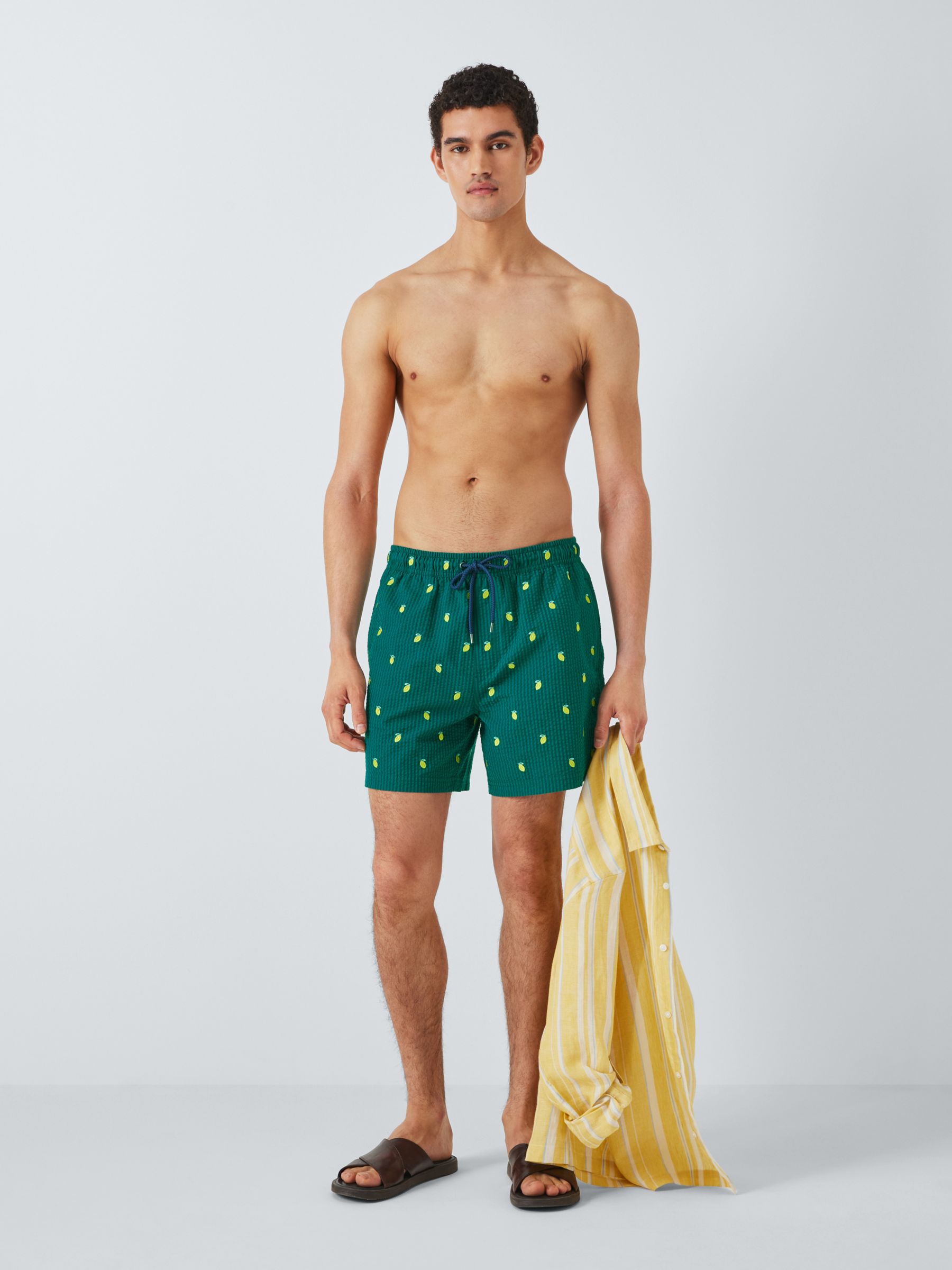 John Lewis Embroidered Seersucker Lemon Swim Shorts, Green/Multi, S