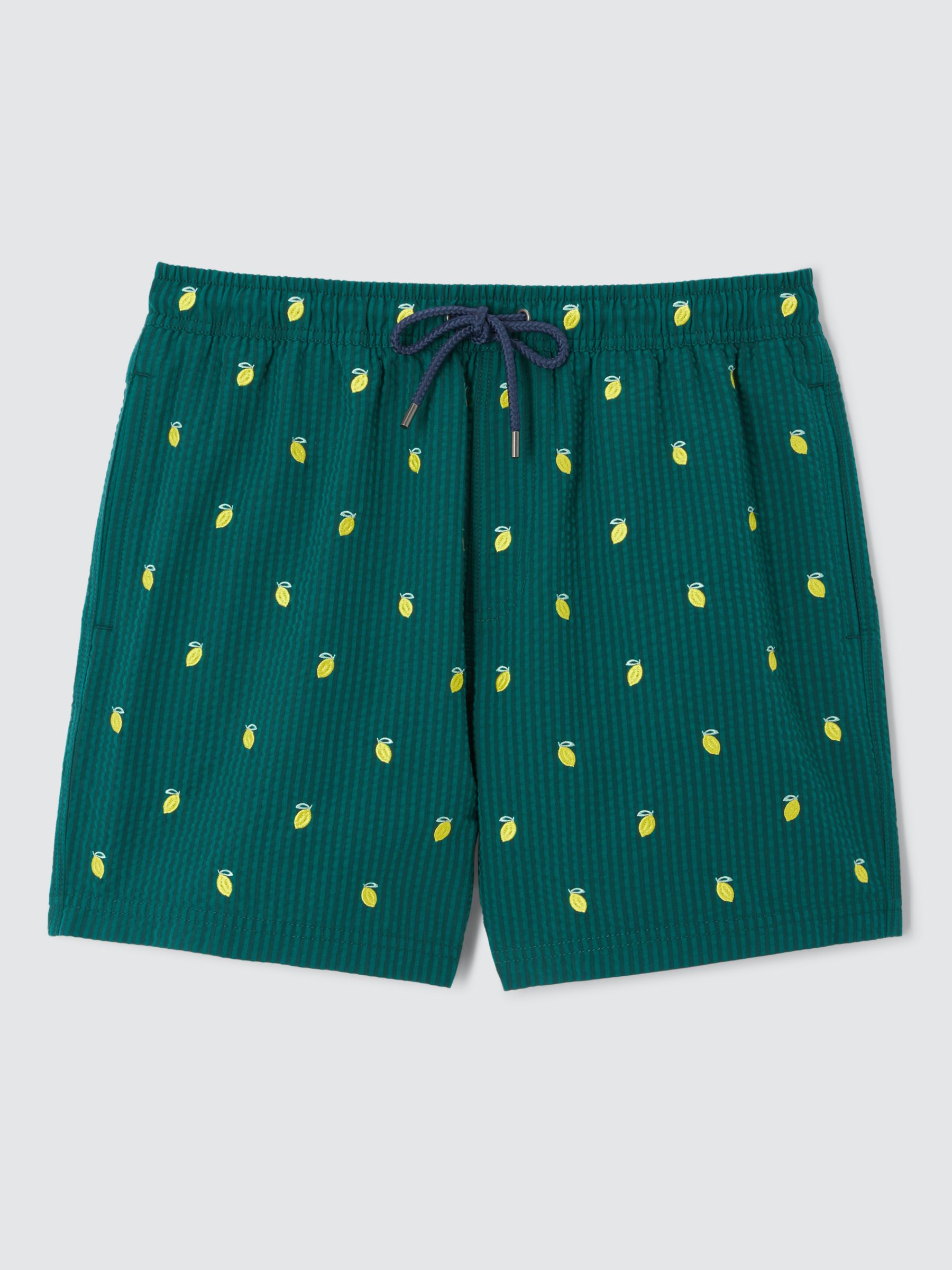 John Lewis Embroidered Seersucker Lemon Swim Shorts, Green/Multi, S