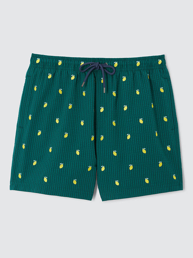 John Lewis Embroidered Seersucker Lemon Swim Shorts, Green/Multi