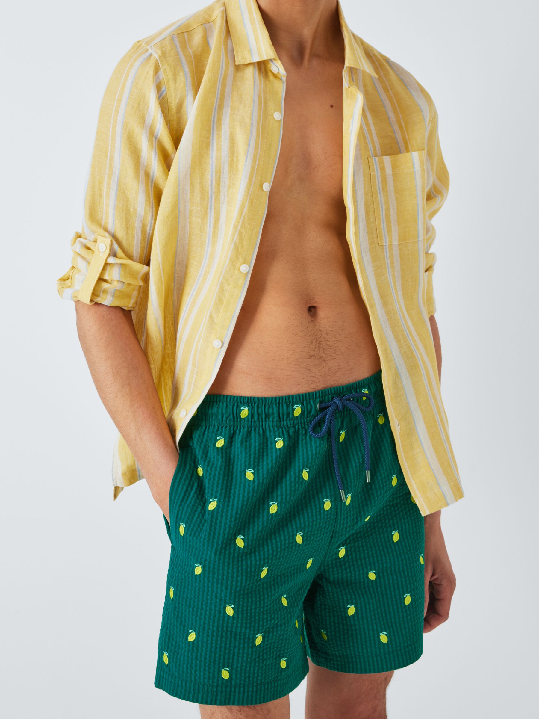 John Lewis Embroidered Seersucker Lemon Swim Shorts, Green/Multi, S