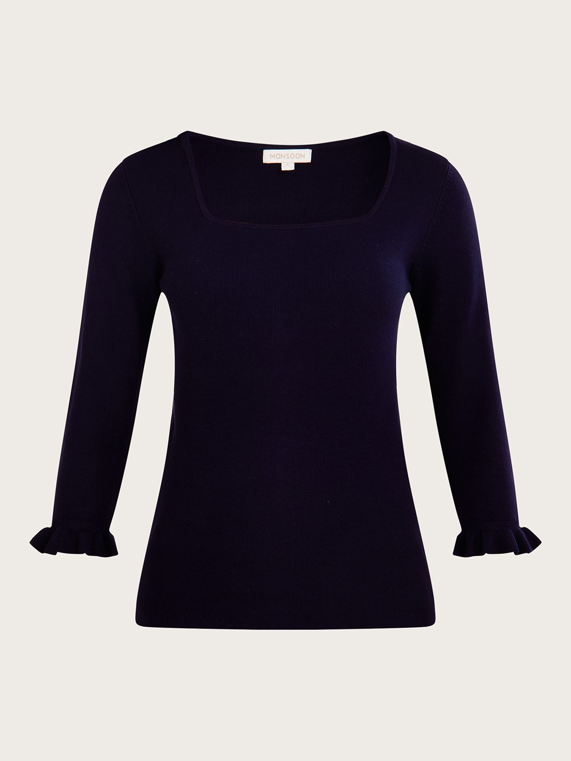 Monsoon Square Neck Frill Sleeve Jumper, Navy at John Lewis & Partners