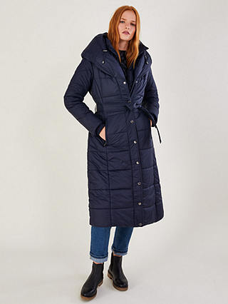 Monsoon Sorena Sustainable Quilted Hooded Coat, Navy