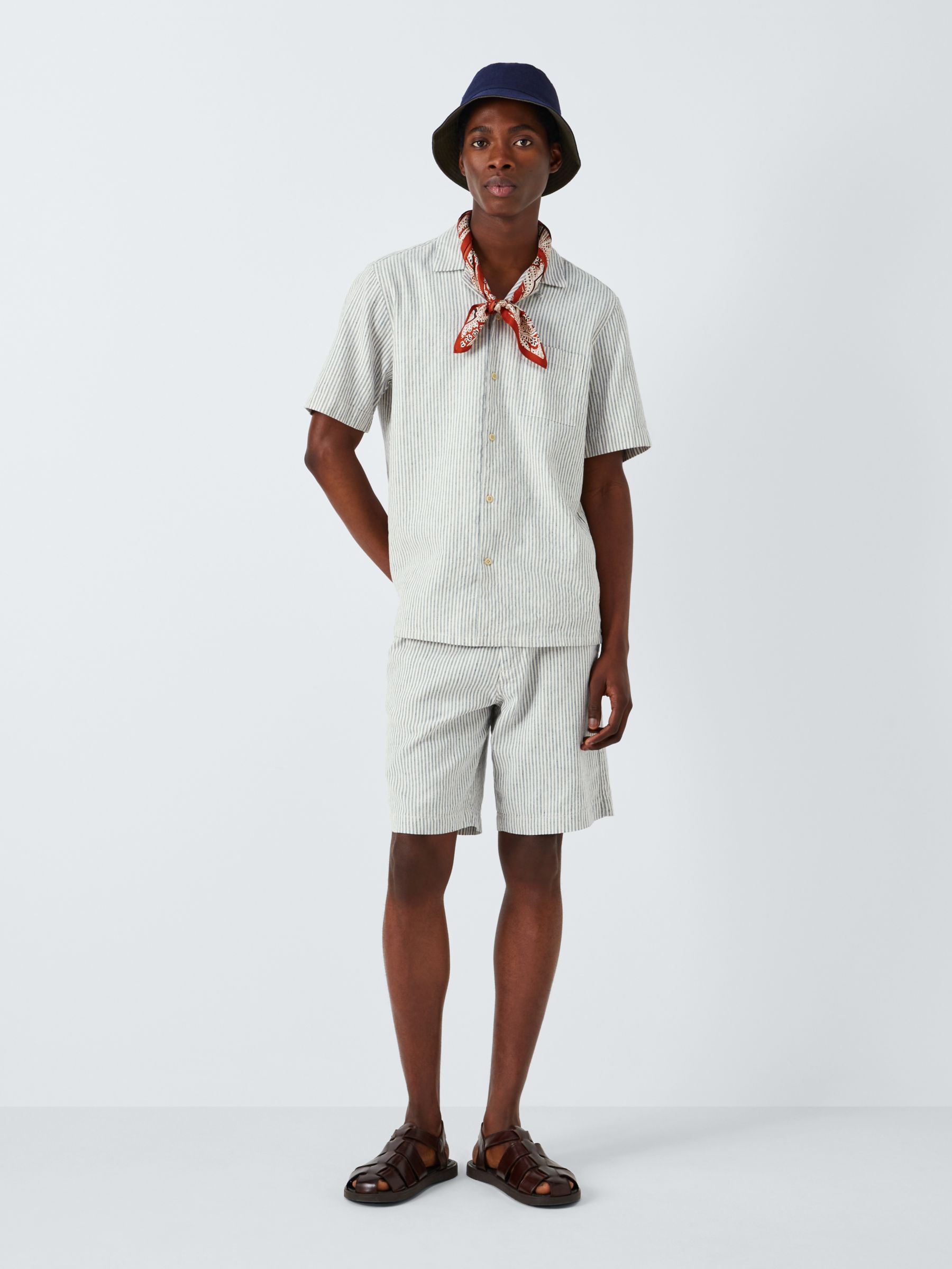John Lewis Linen Blend Revere Collar Micro Stripe Shirt, Neutrals, XL