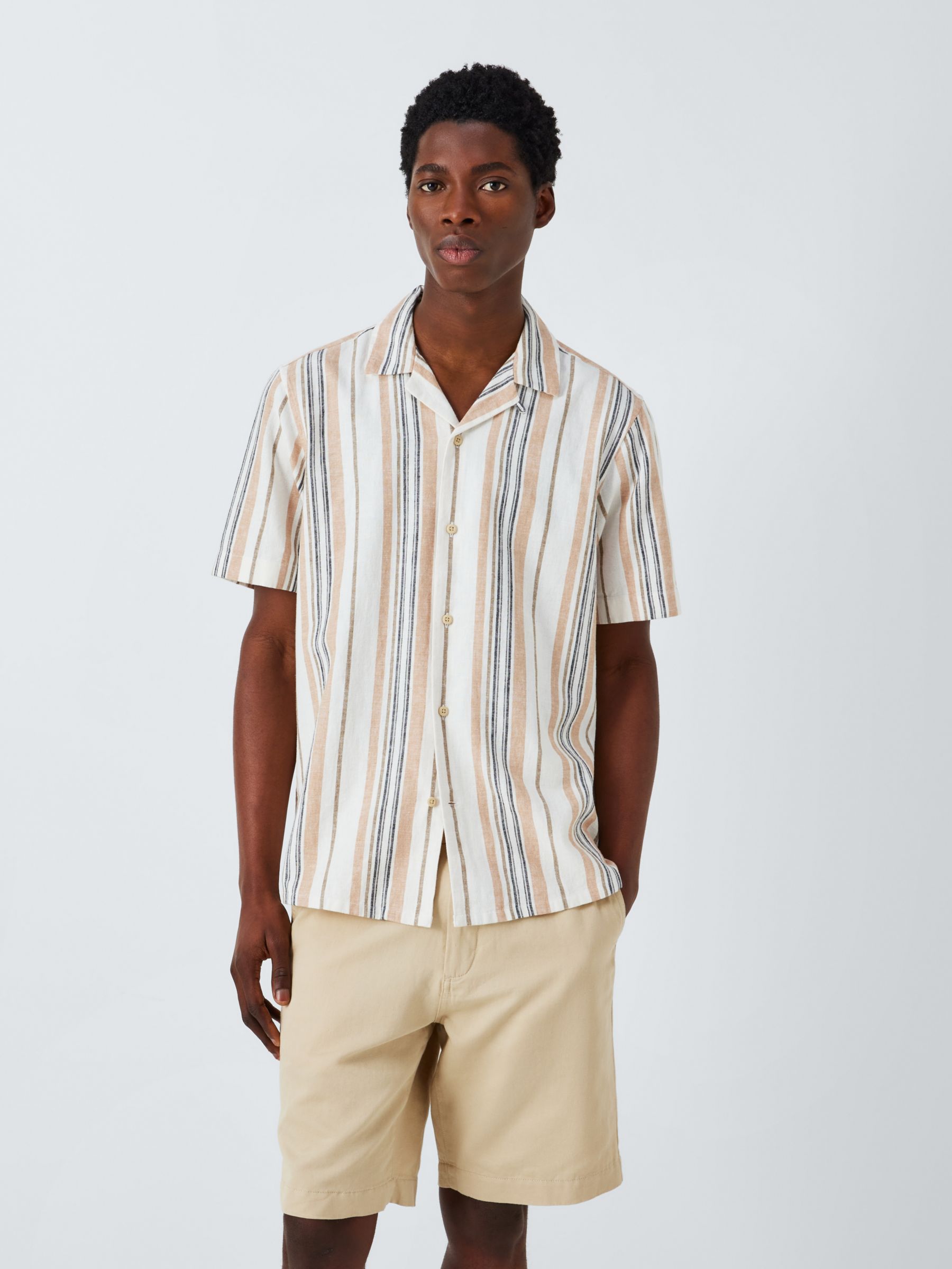 John Lewis Linen Blend Revere Collar Deckchair Stripe Shirt, Neutrals, XL