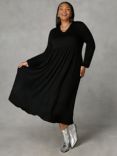 Live Unlimited Curve Jersey Nehru Collar Relaxed Midi Dress, Black