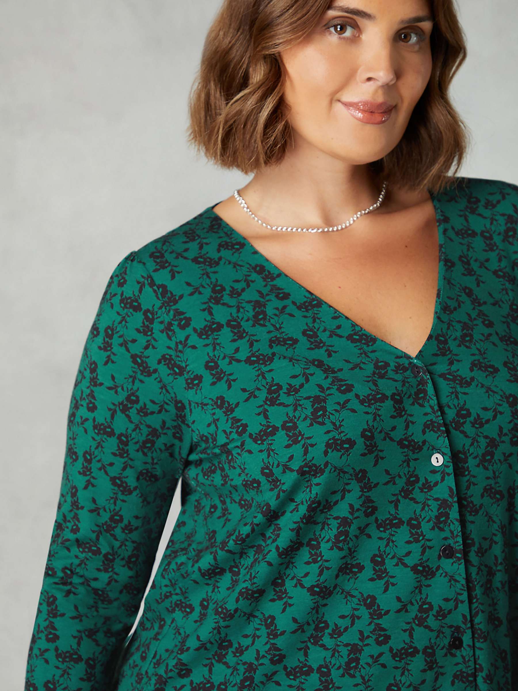 Buy Live Unlimited Curve Floral Print Jersey Button Through Shirt, Black Online at johnlewis.com