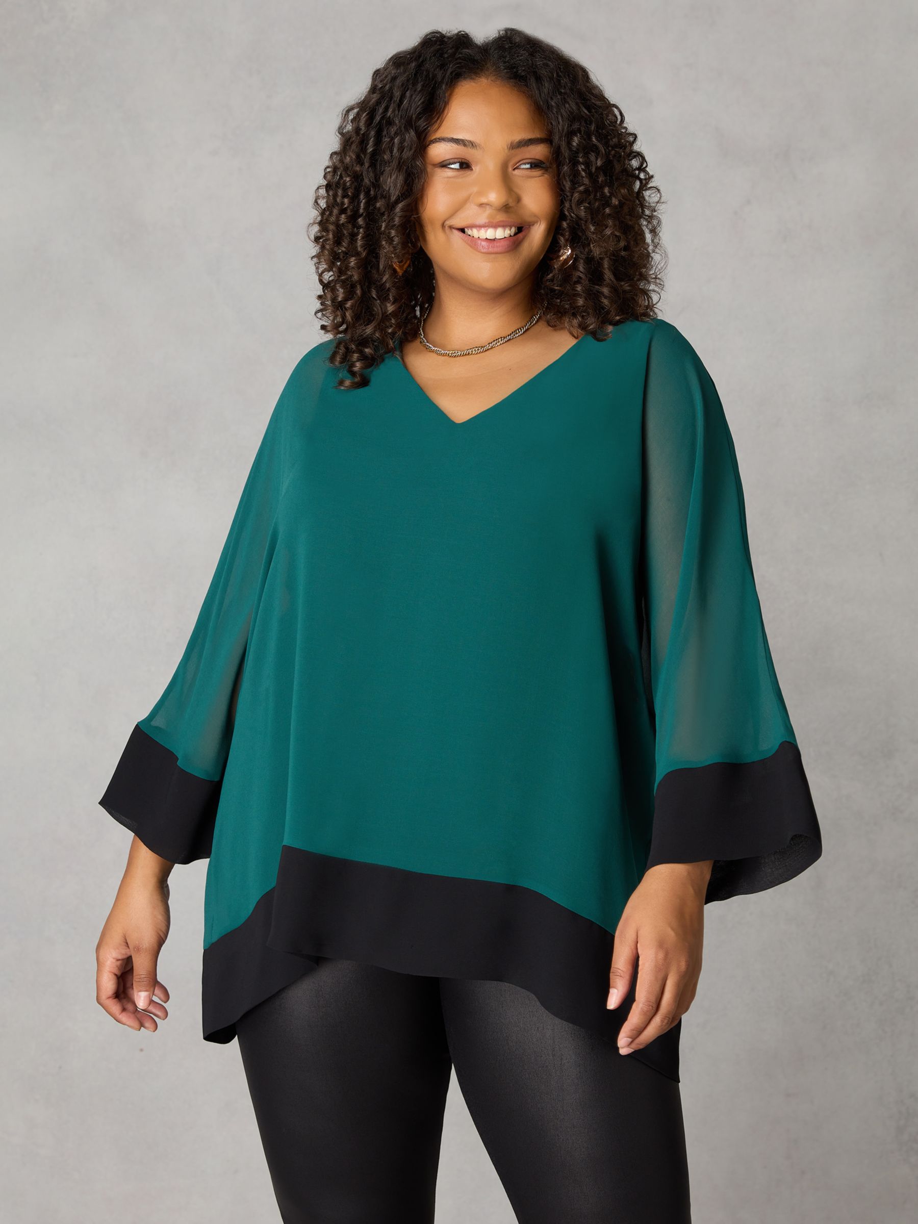 Live Unlimited Curve Chiffon Contrast Hem Overlay Top, Green/Black at ...