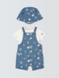 John Lewis Baby Sea Print Bodysuit, Short Dungarees & Hat Set, Blue