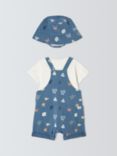 John Lewis Baby Sea Print Bodysuit, Short Dungarees & Hat Set, Blue