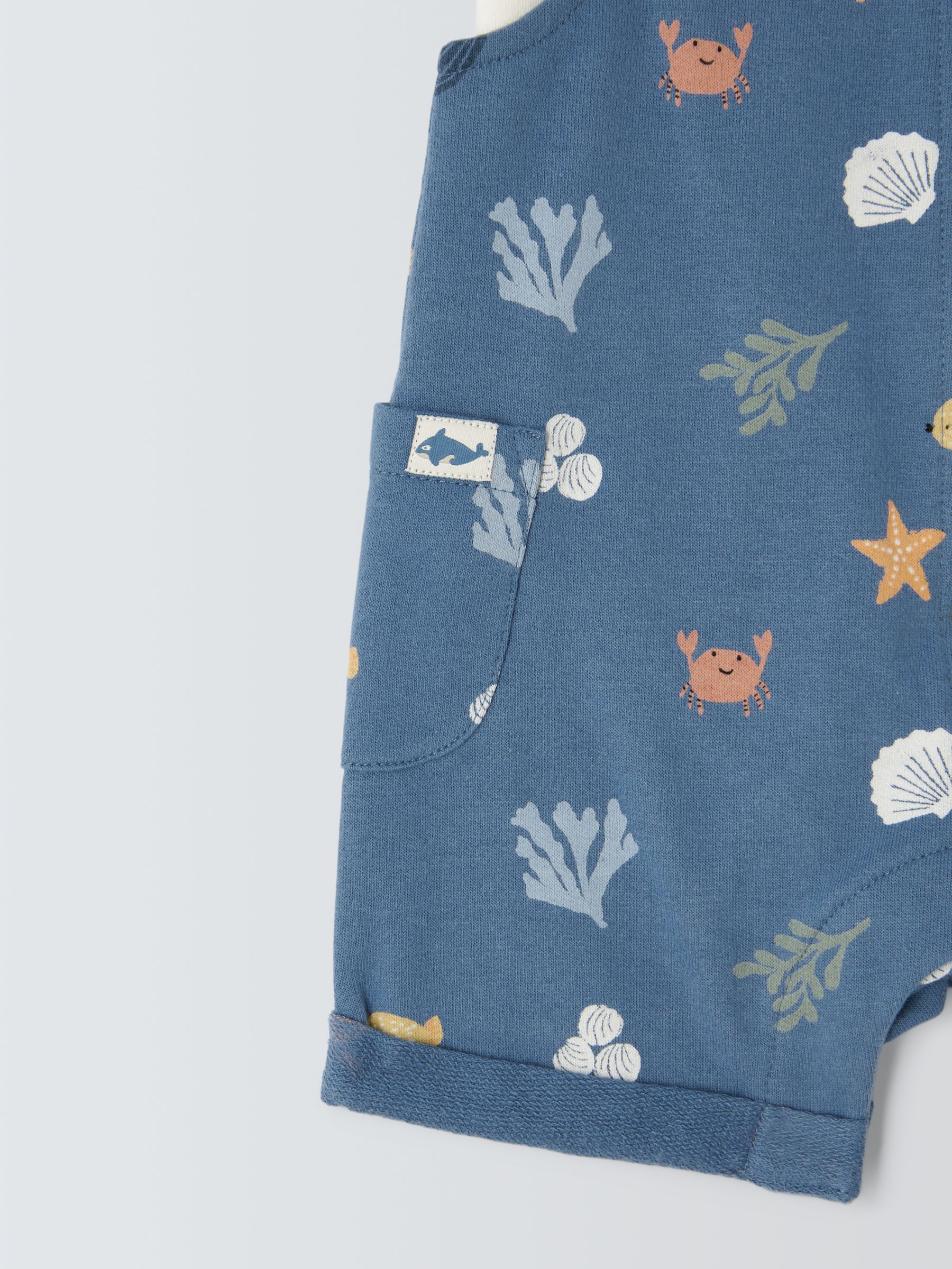 John Lewis Baby Sea Print Bodysuit, Short Dungarees & Hat Set, Blue, 9-12 months