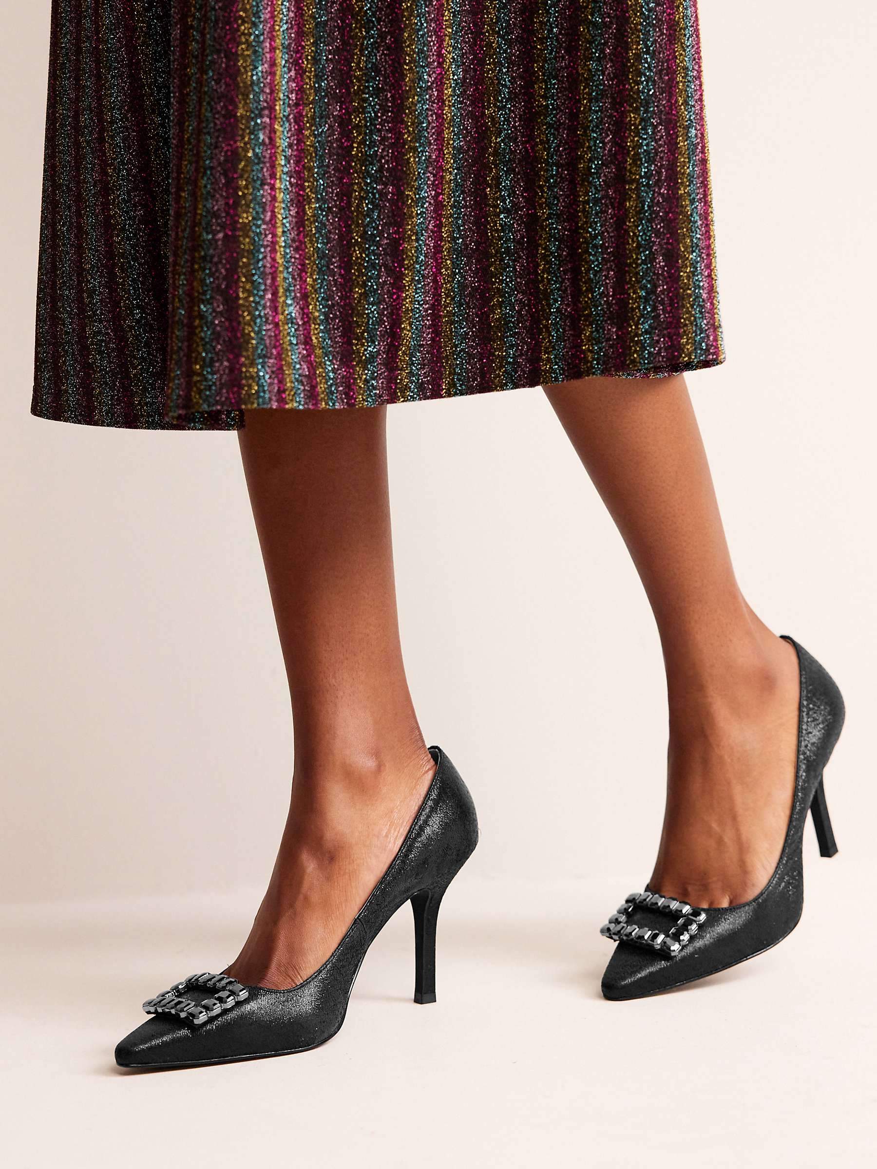 Boden Jewelled Heeled Court Shoes, Black Metallic at John Lewis & Partners