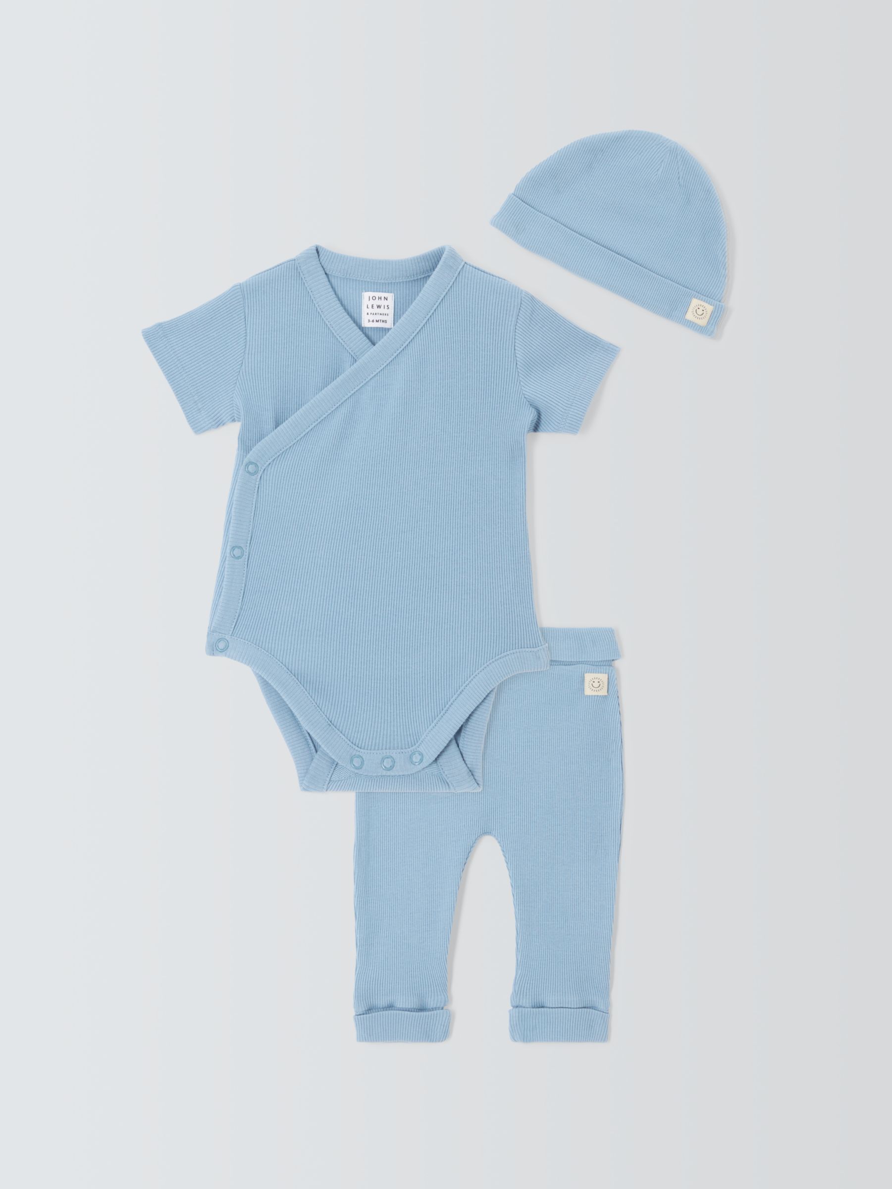 John Lewis Baby Ribbed Bodysuit, Trousers & Hat Set, Blue at John Lewis ...