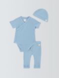 John Lewis Baby Ribbed Bodysuit, Trousers & Hat Set, Blue, Blue