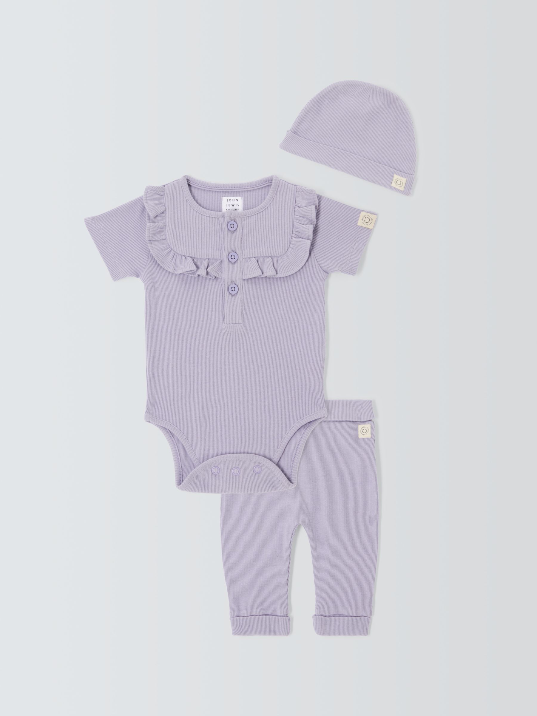 John Lewis Baby Ribbed Bodysuit, Trousers & Hat Set, Purple, 12-18 months