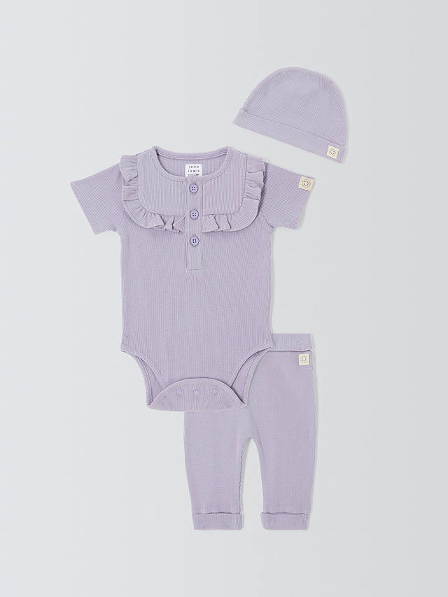 John Lewis Baby Ribbed Bodysuit, Trousers & Hat Set, Purple