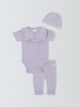 John Lewis Baby Ribbed Bodysuit, Trousers & Hat Set, Purple