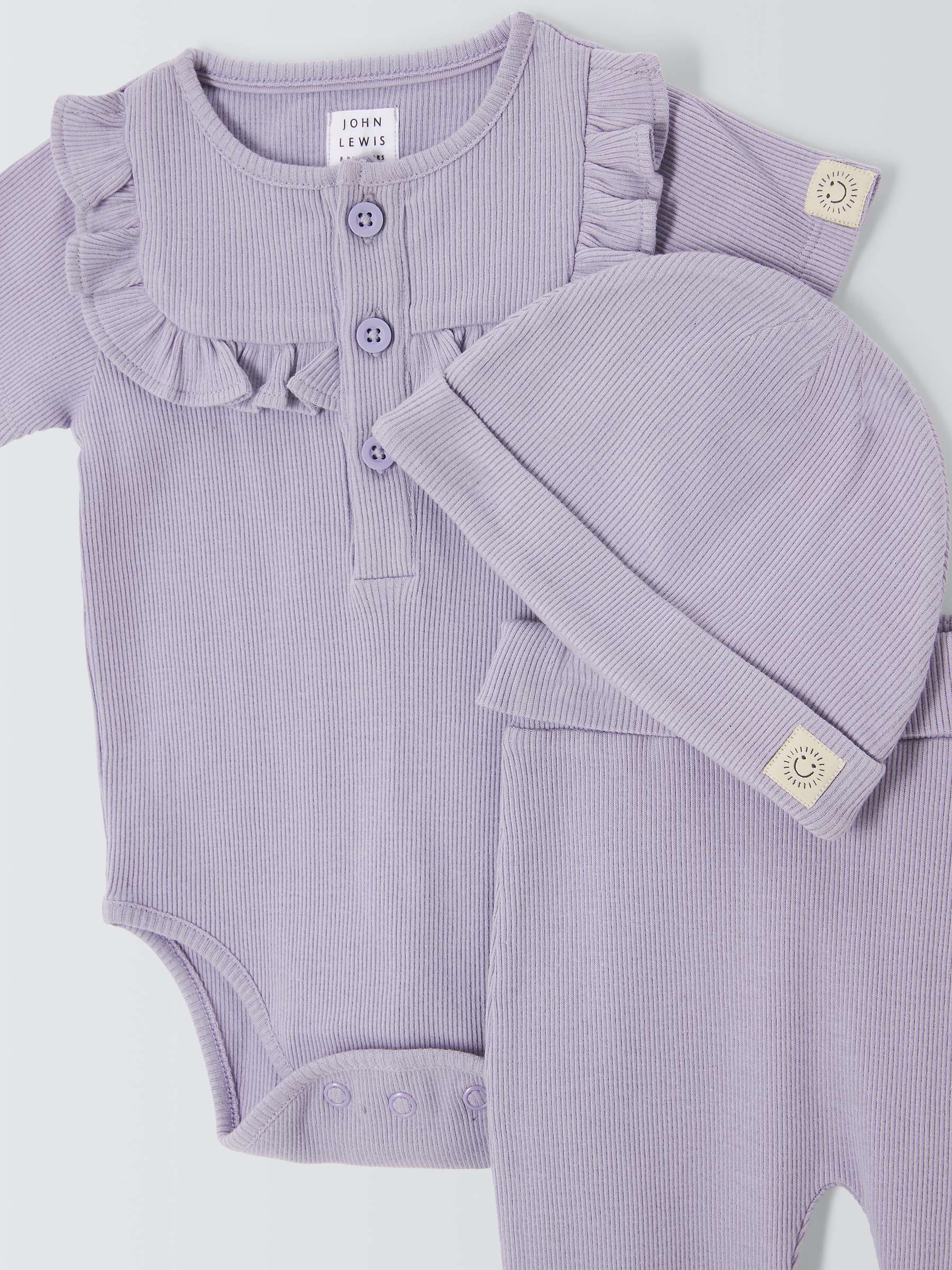 Buy John Lewis Baby Ribbed Bodysuit, Trousers & Hat Set, Purple Online at johnlewis.com