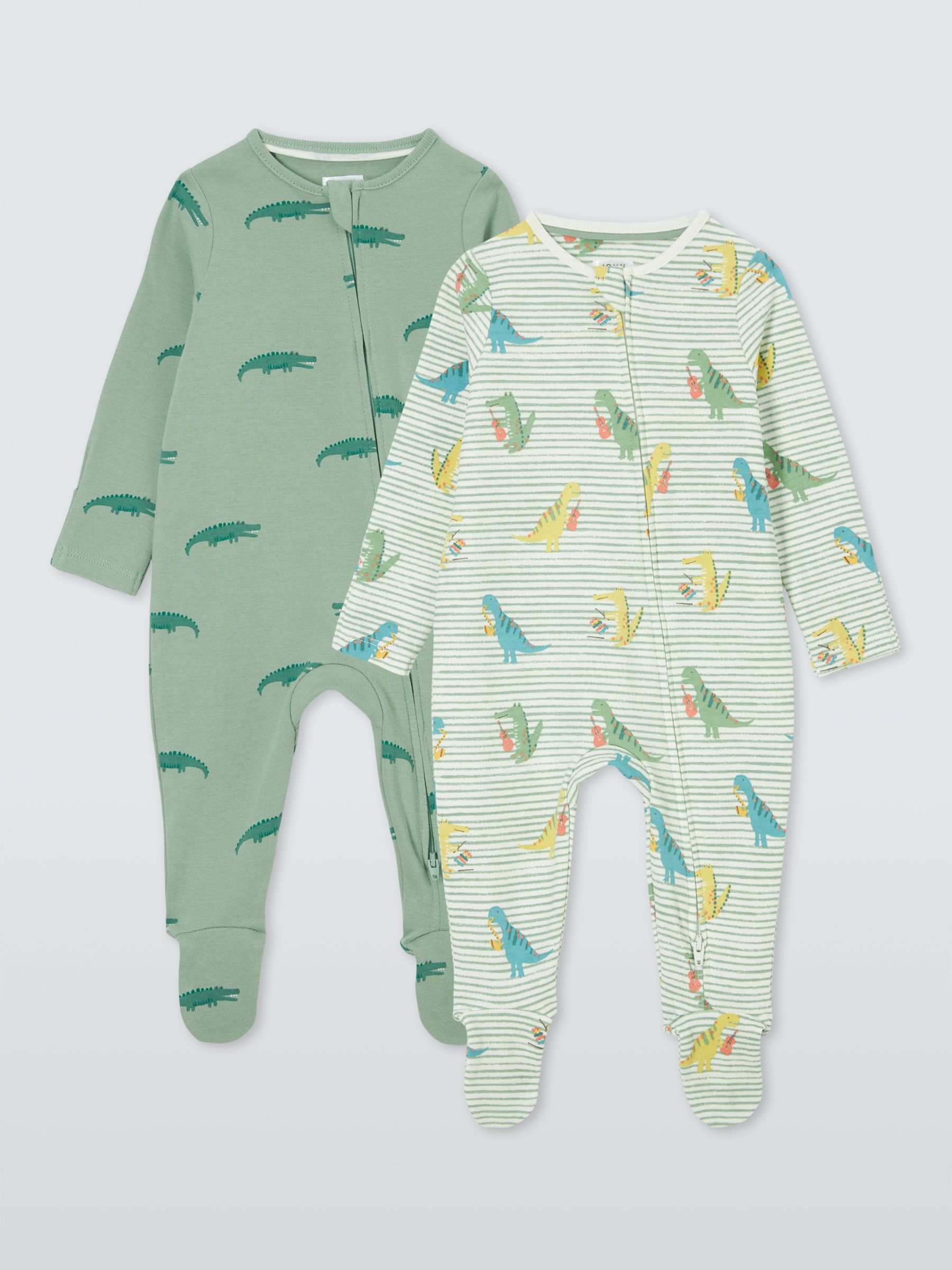 John Lewis Baby Crocodile & Dinosaurs Two Way Zip Sleepsuits, Pack of 2, Green, 6-9 months
