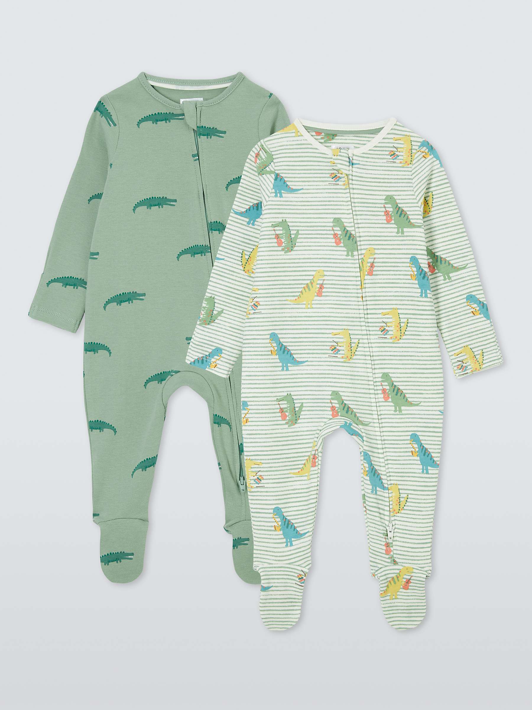 Buy John Lewis Baby Crocodile & Dinosaurs Two Way Zip Sleepsuits, Pack of 2, Green Online at johnlewis.com