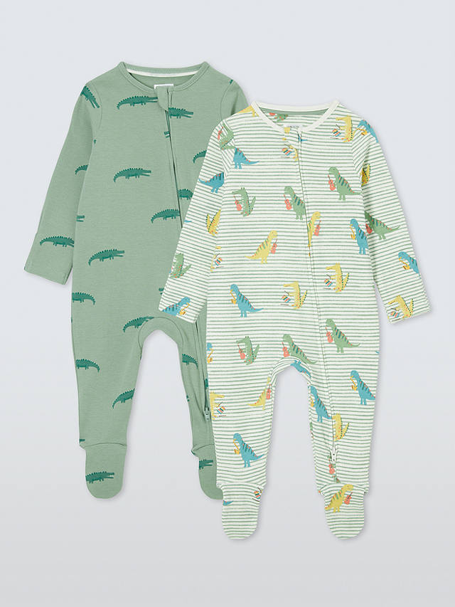 John Lewis Baby Crocodile & Dinosaurs Two Way Zip Sleepsuits, Pack of 2, Green