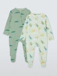 John Lewis Baby Crocodile & Dinosaurs Two Way Zip Sleepsuits, Pack of 2, Green