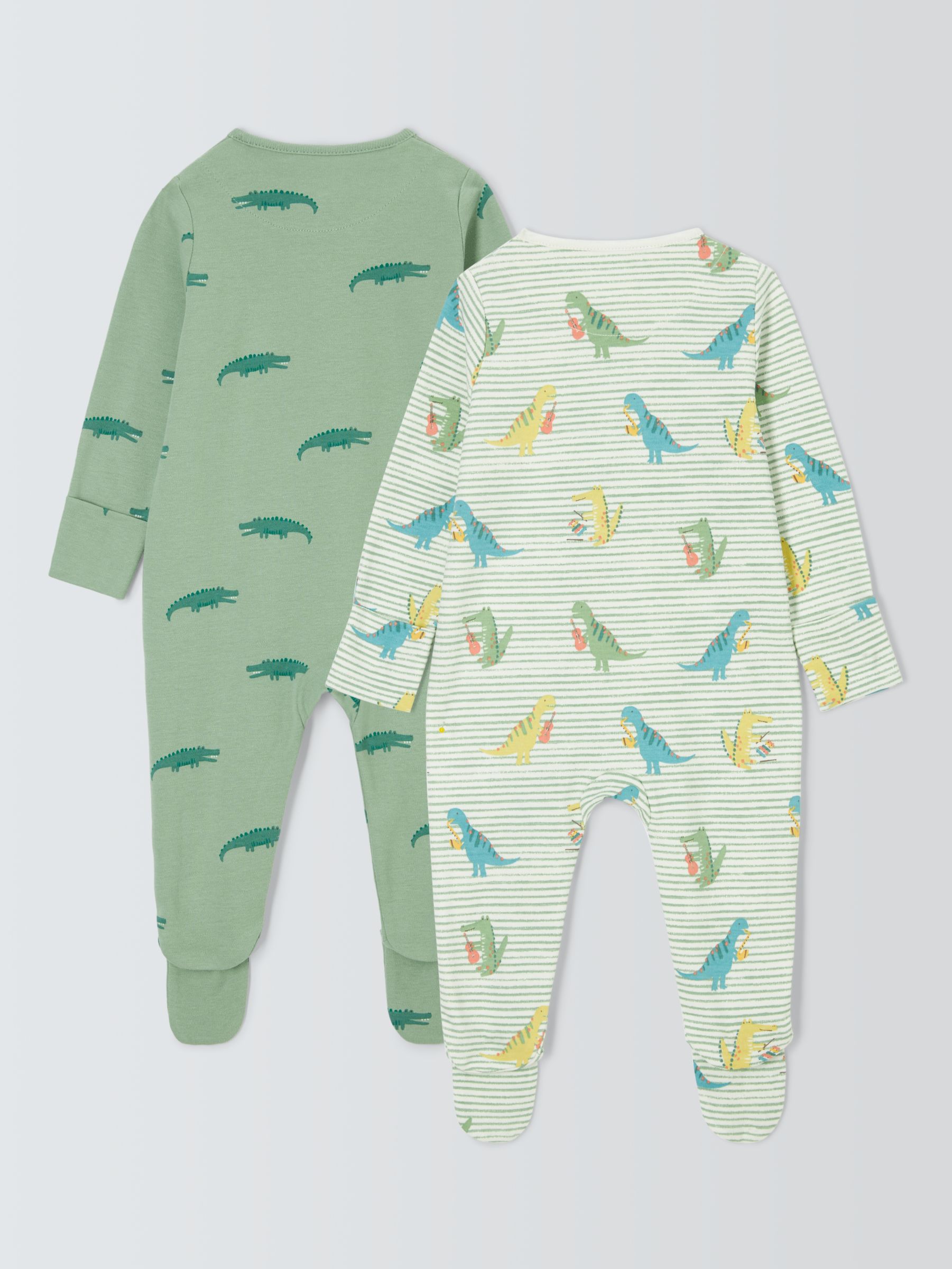 John Lewis Baby Crocodile & Dinosaurs Two Way Zip Sleepsuits, Pack of 2, Green, 6-9 months