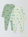 John Lewis Baby Crocodile & Dinosaurs Two Way Zip Sleepsuits, Pack of 2, Green