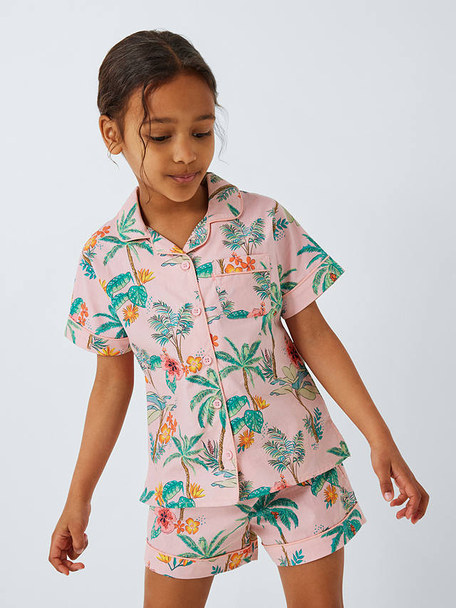 John Lewis Kids' Hibiscus Palm Shirt Short Pyjama Set, Pink