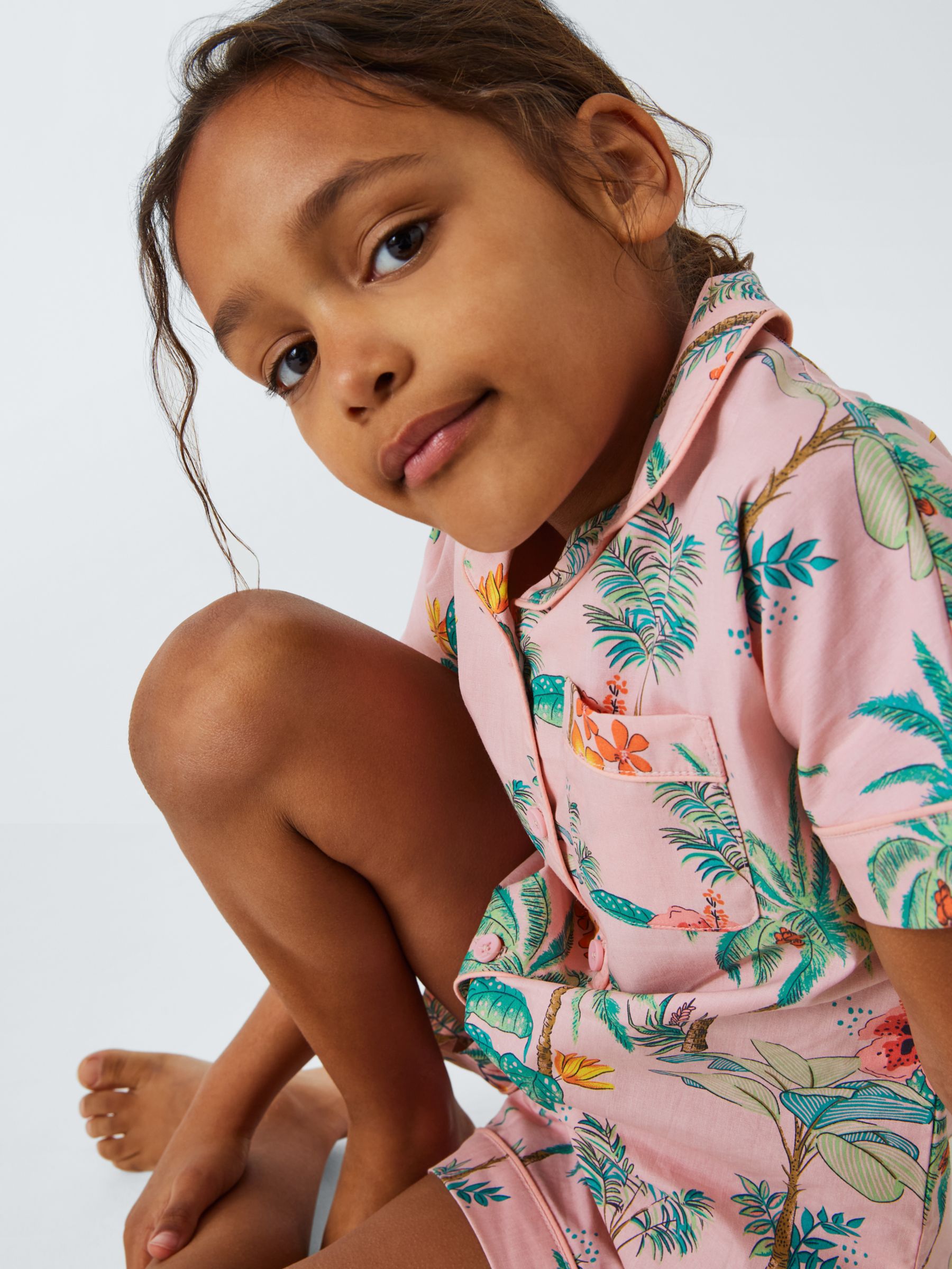 John Lewis Kids' Hibiscus Palm Shirt Short Pyjama Set, Pink, 3 years