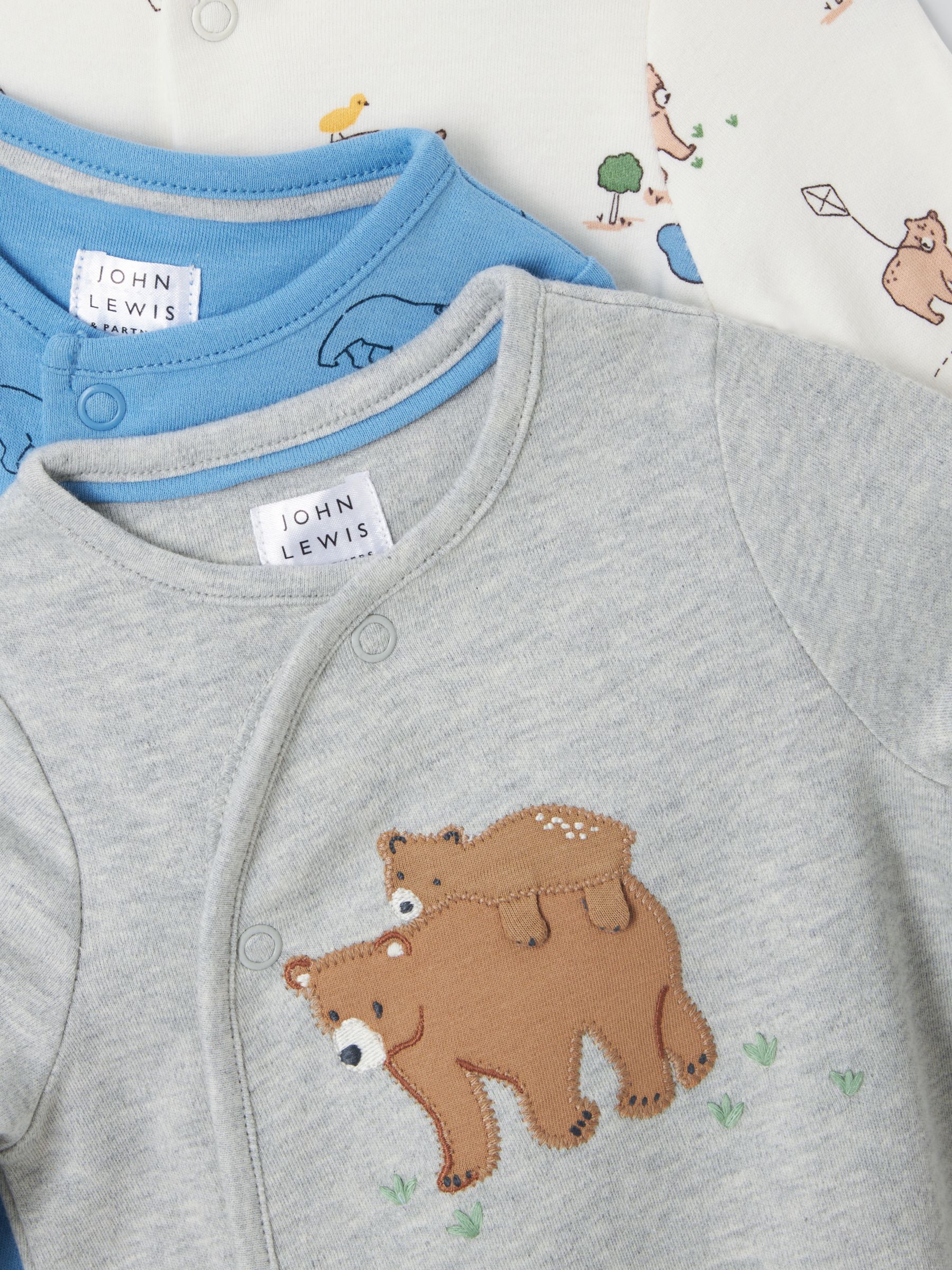 John Lewis Baby Bear Print Sleepsuit, Pack of 3, Multi, 6-9 months