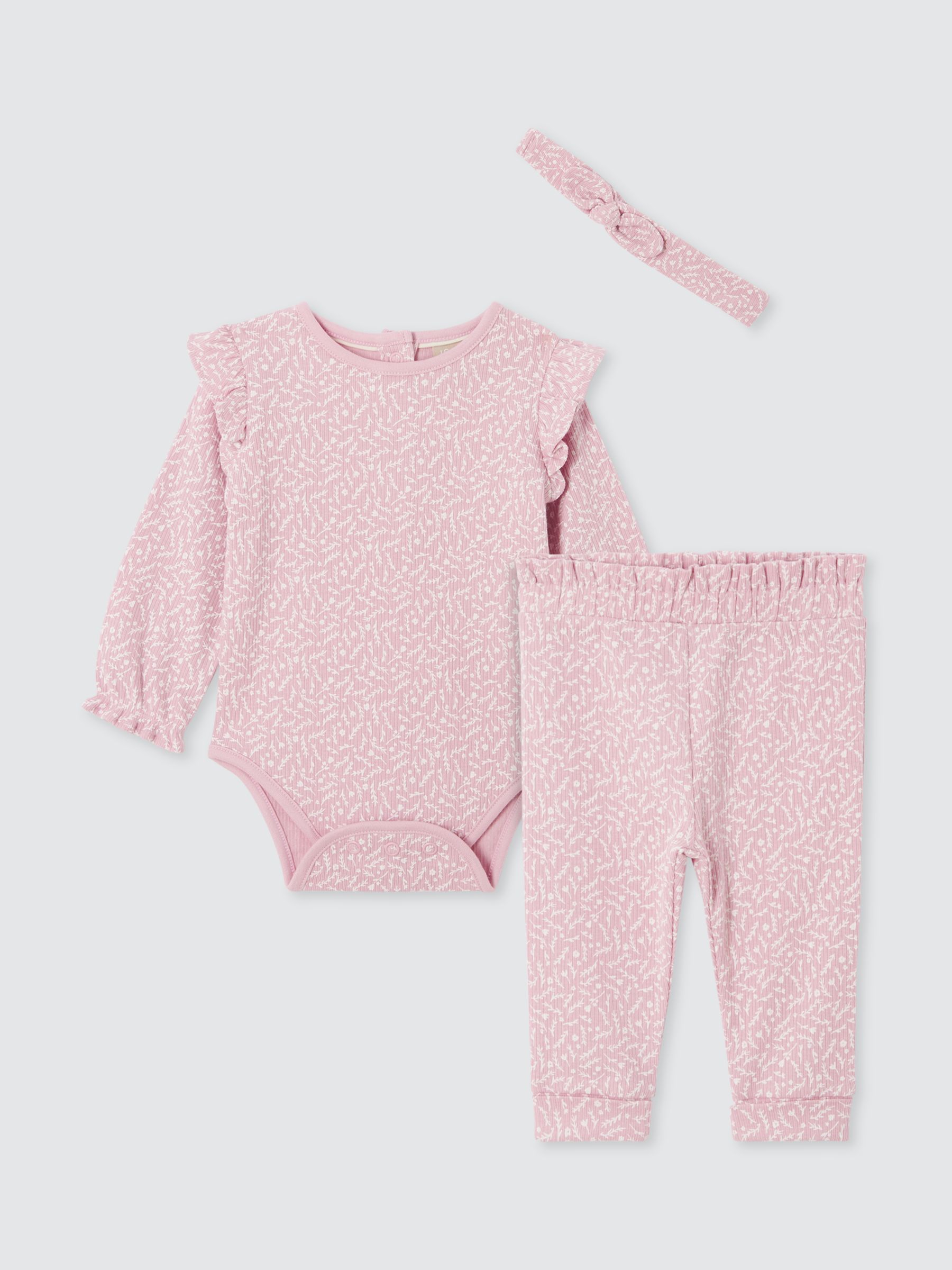 John Lewis Baby Floral Bodysuit, Trousers and Headband Set, Pink, 3-6 months