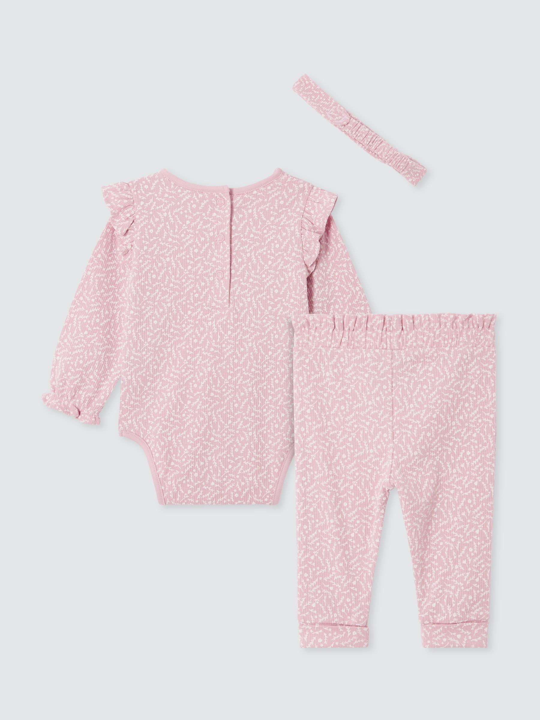 John Lewis Baby Floral Bodysuit, Trousers and Headband Set, Pink, 3-6 months