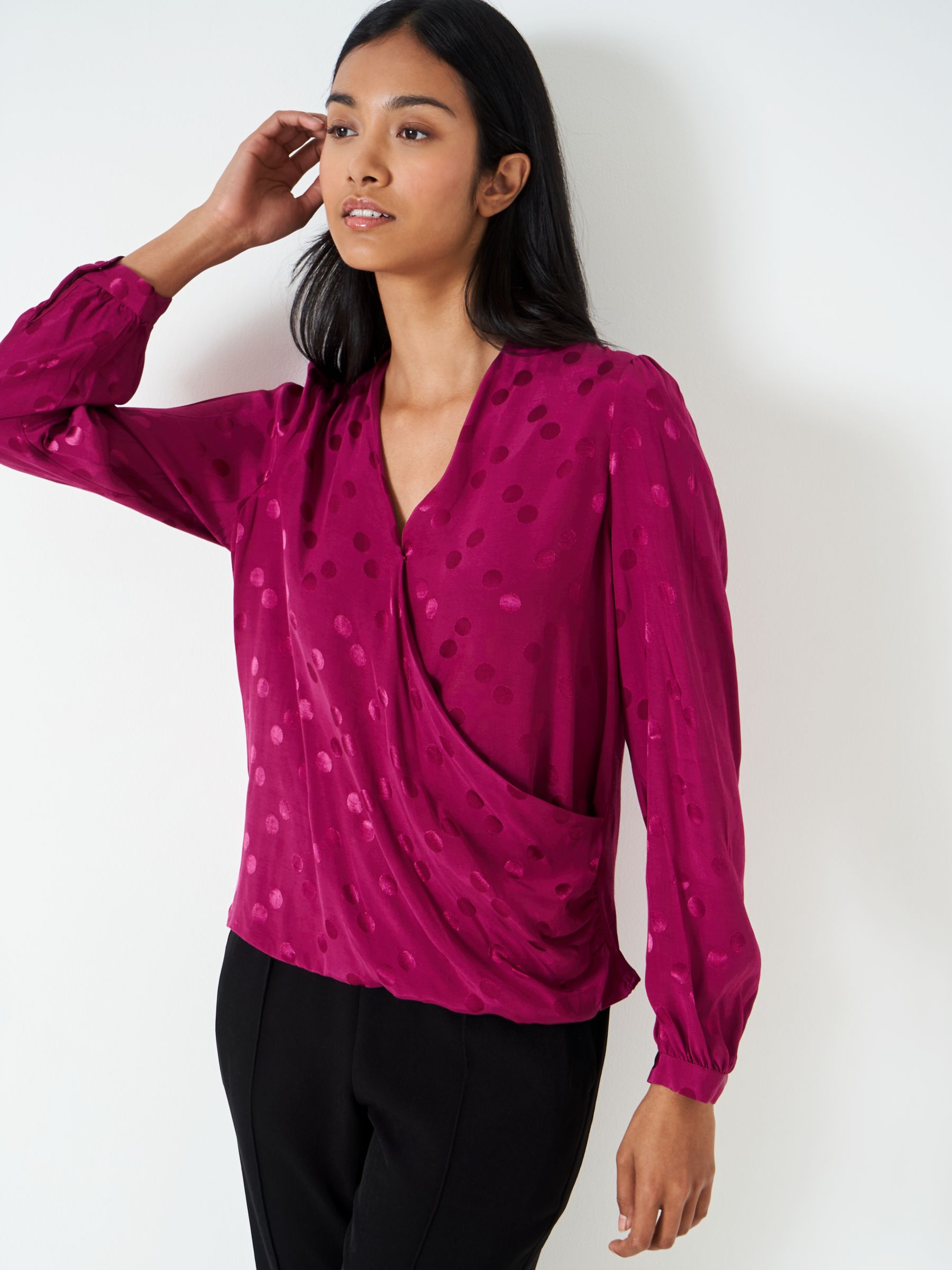 Crew Clothing Jacquard Wrap Blouse, Berry Red