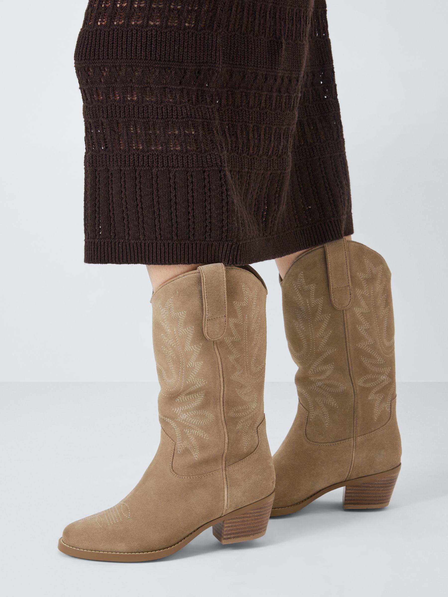 AND/OR Thorn Suede Embroidered Long Western Boots, Sand, 5