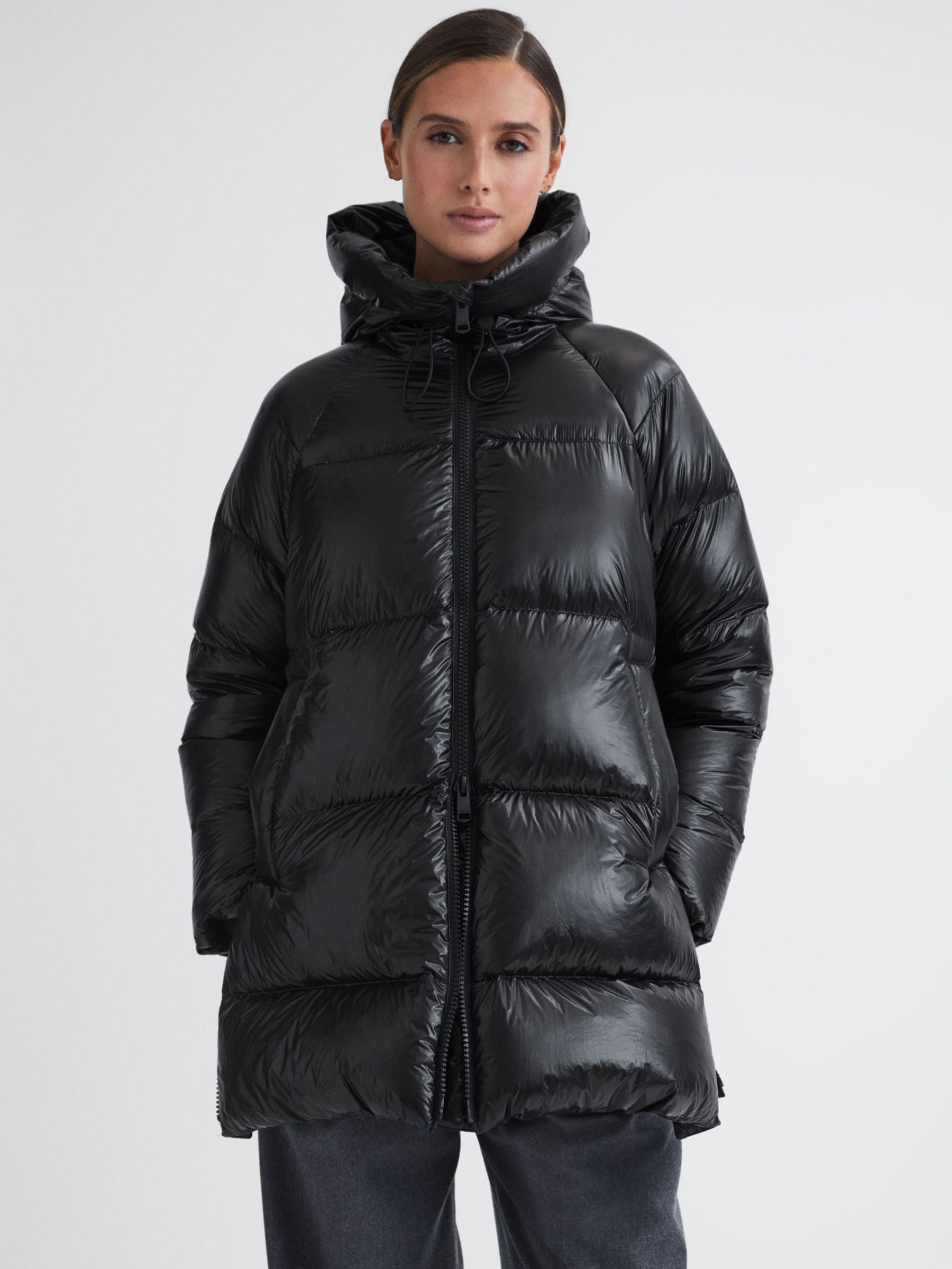 Reiss Rae Shiny Mid Length Padded Coat, Black