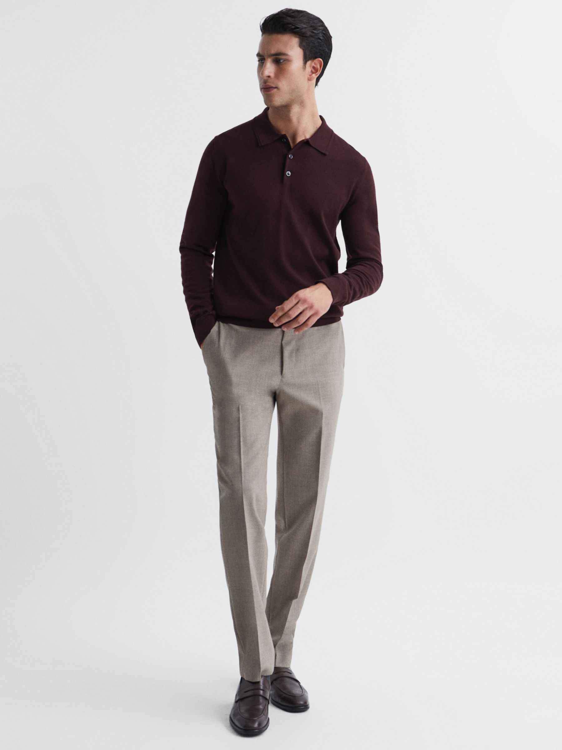 Reiss Trafford Knitted Wool Long Sleeve Polo Top, Bordeaux, XS