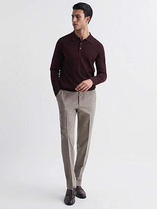 Reiss Trafford Knitted Wool Long Sleeve Polo Top, Bordeaux