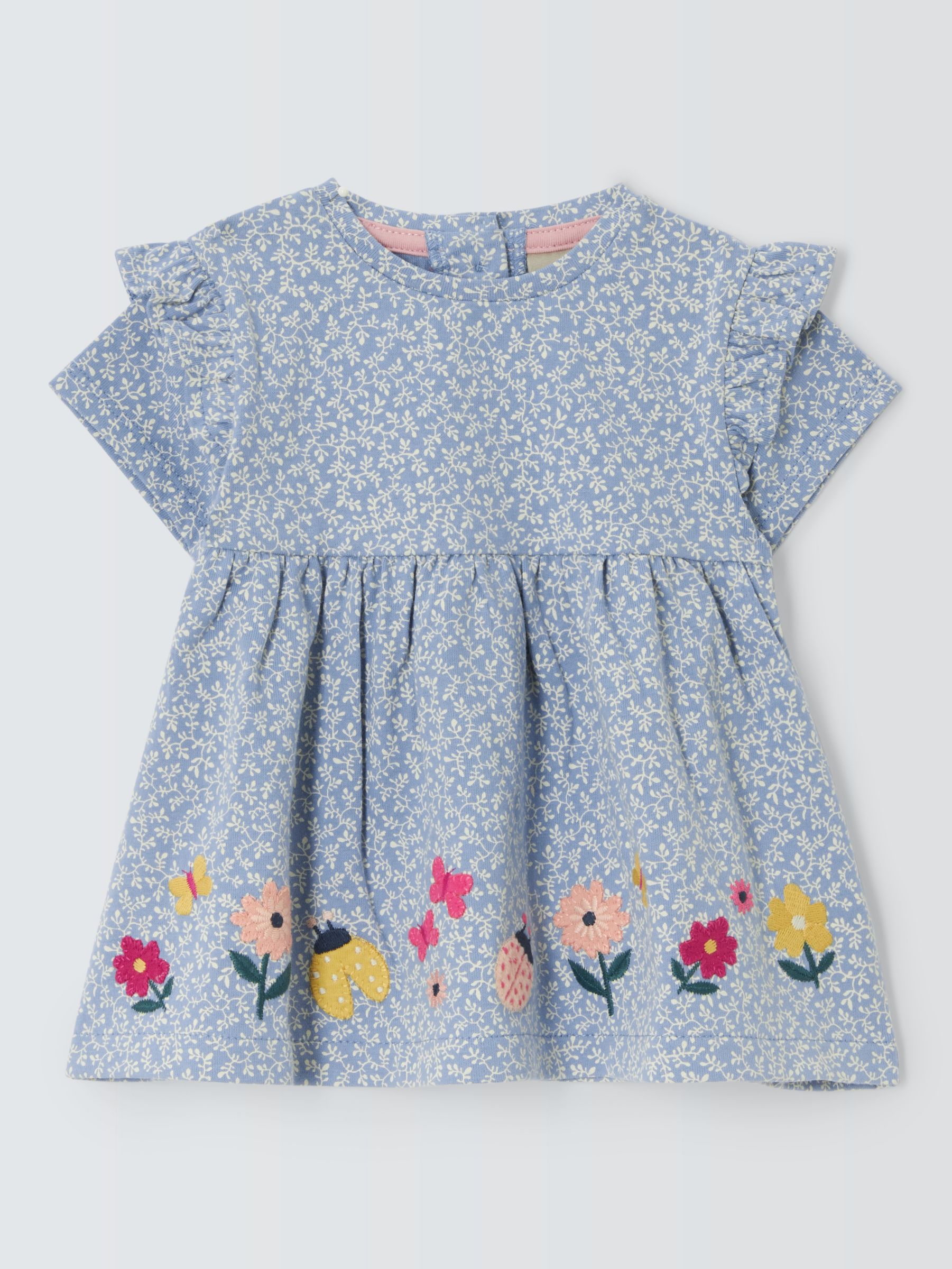 John Lewis Baby Floral Embroidered Border Top, Blue, 9-12 months