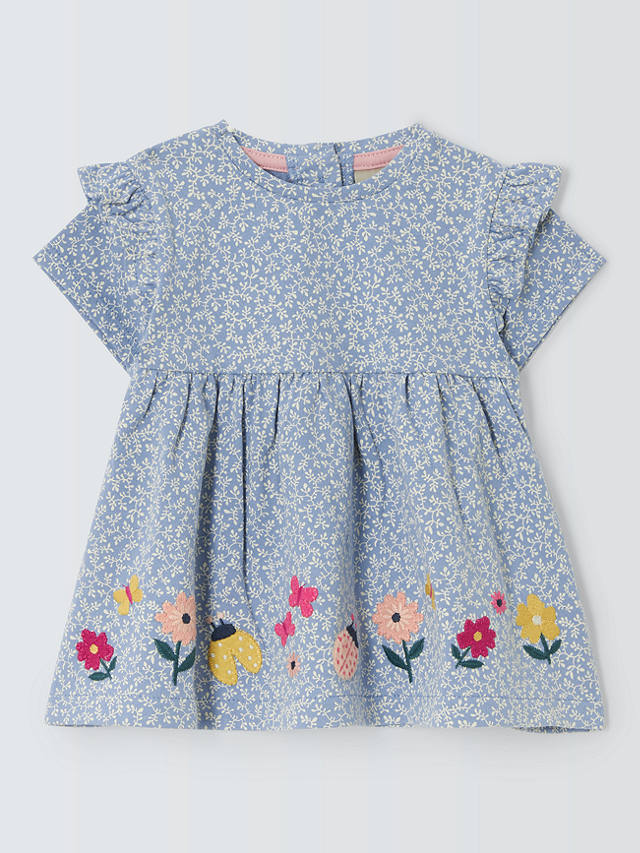John Lewis Baby Floral Embroidered Border Top, Blue