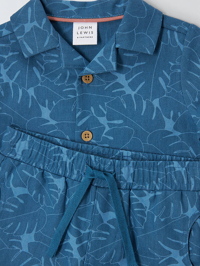 John Lewis Baby Linen Blend Leaf Print Top & Shorts Set, Blue