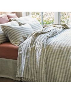 Piglet in Bed Check Stripe Linen Double Flat Sheet, Pear