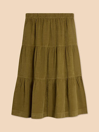White Stuff Tiered Corduroy Skirt, Mid Chartreuse