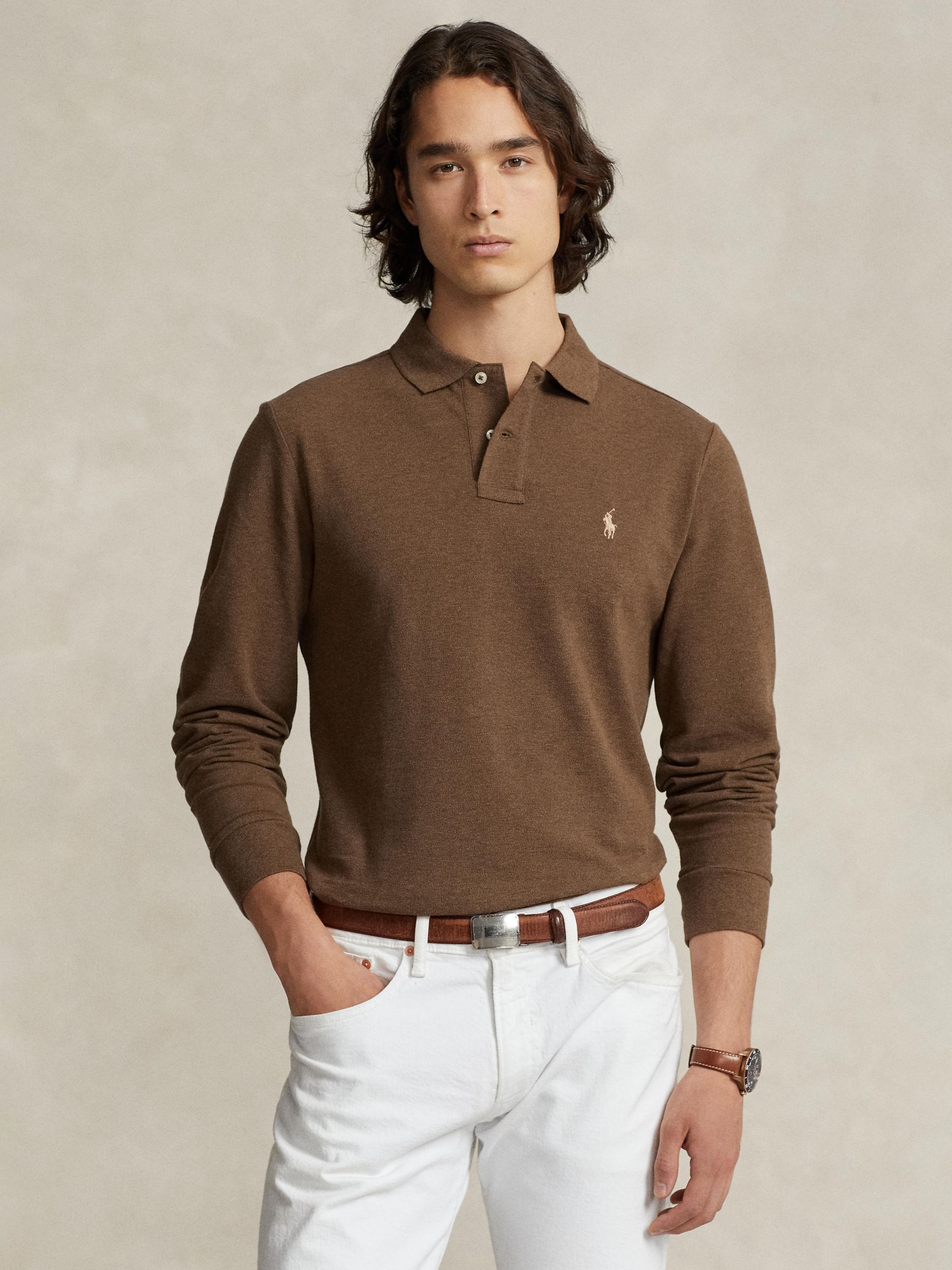 Polo Ralph Lauren Custom Slim Fit Long Sleeve Polo Shirt, Brown ...