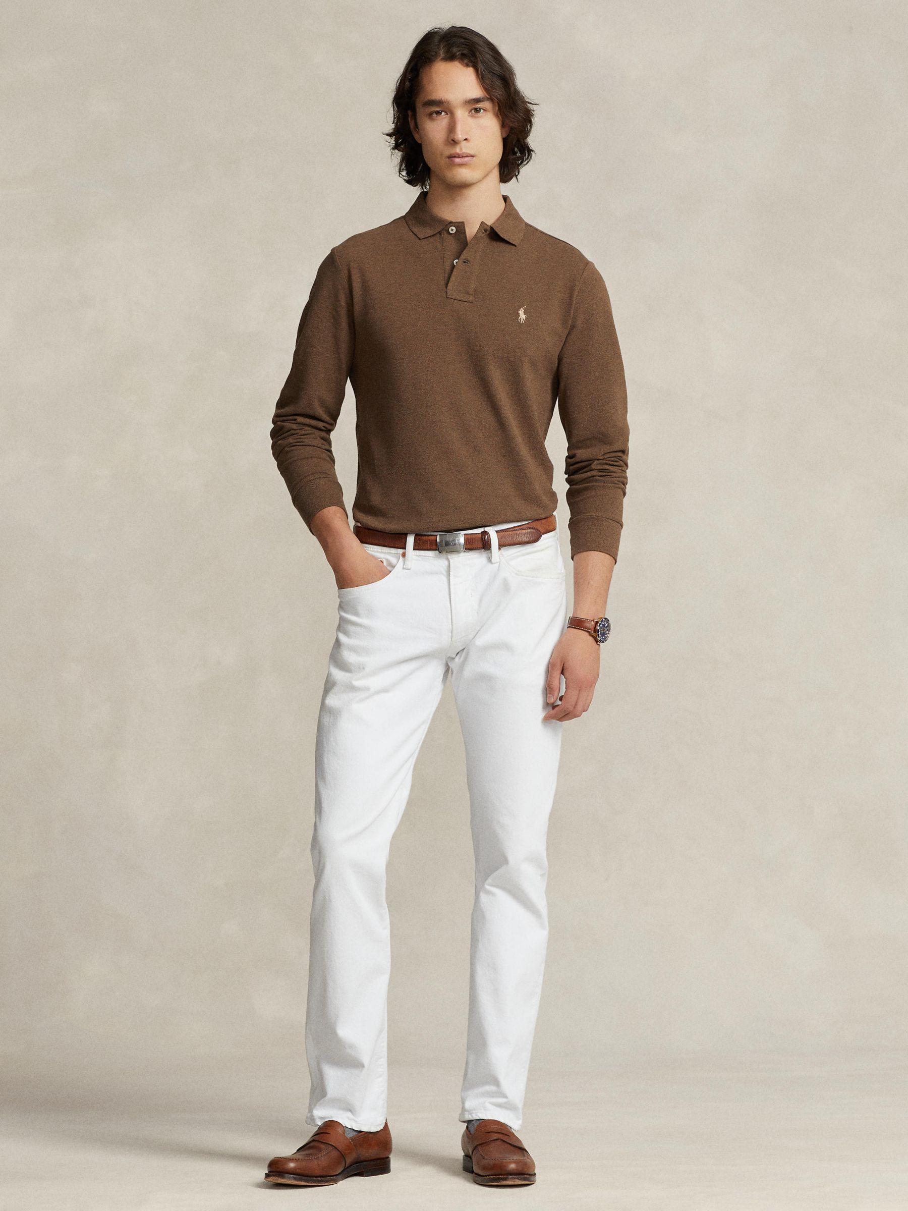 Polo Ralph Lauren Custom Slim Fit Long Sleeve Polo Shirt, Brown ...
