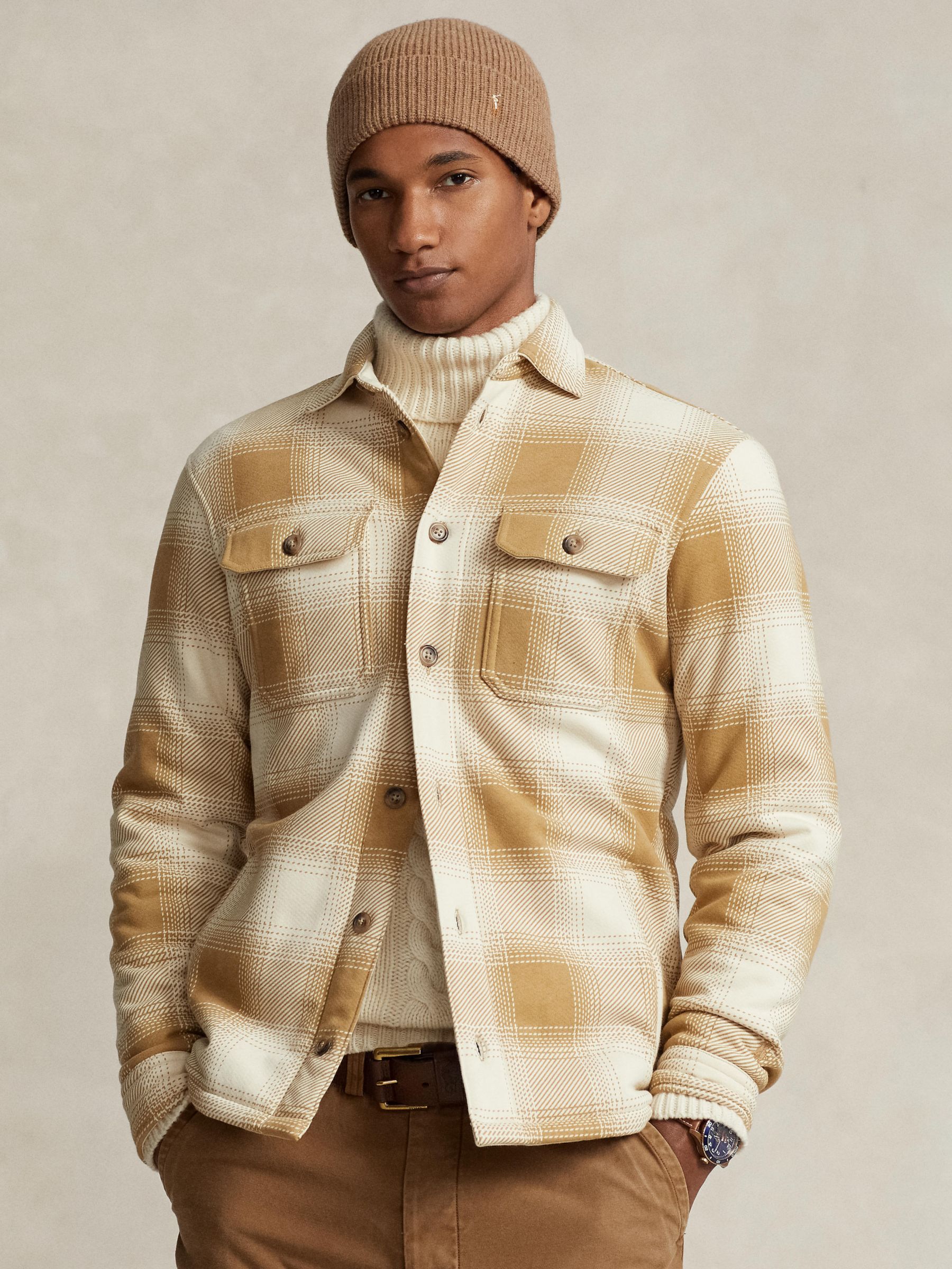 Polo Ralph Lauren Plaid Fleece Shirt Jacket, Camel at John Lewis