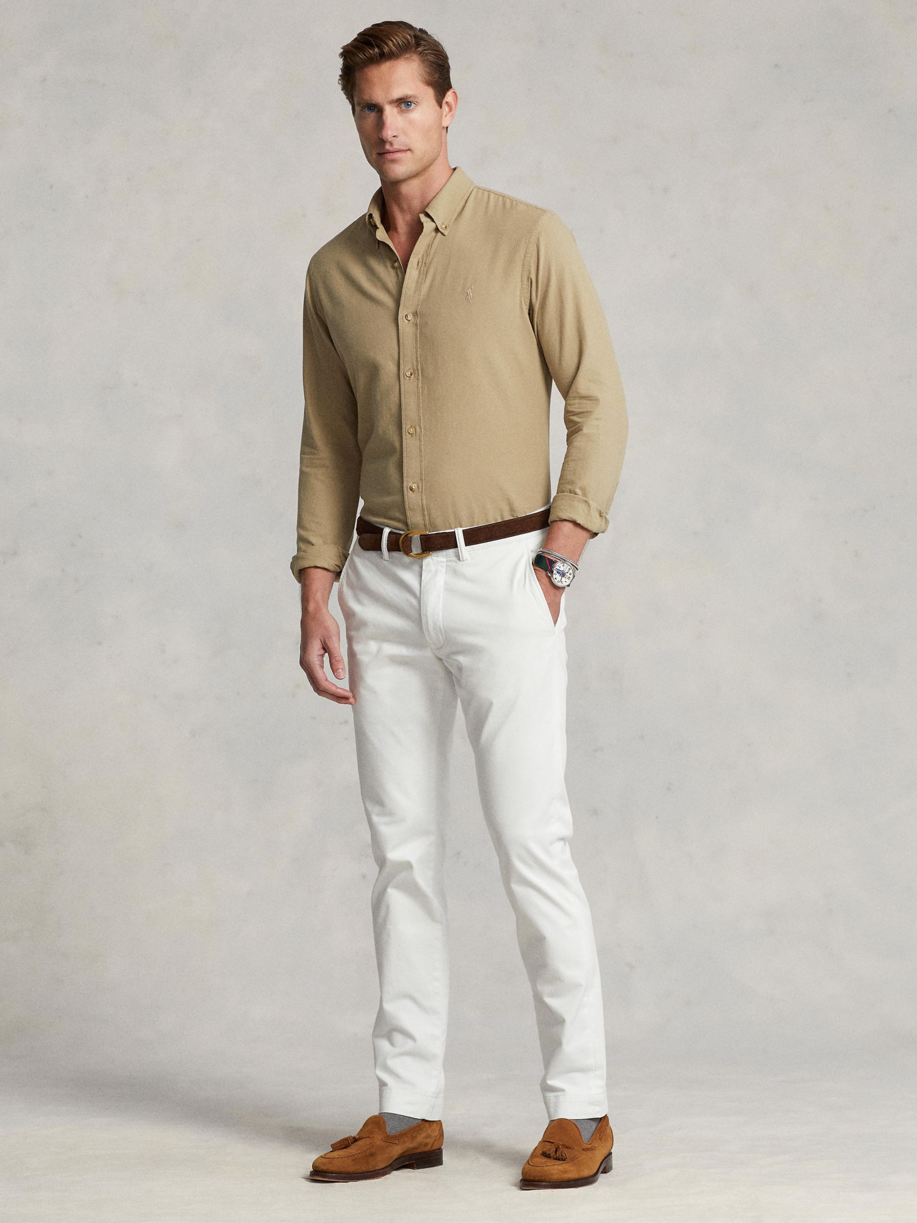 Polo Ralph Lauren Slim Fit Dobby Shirt, Tan at John Lewis & Partners