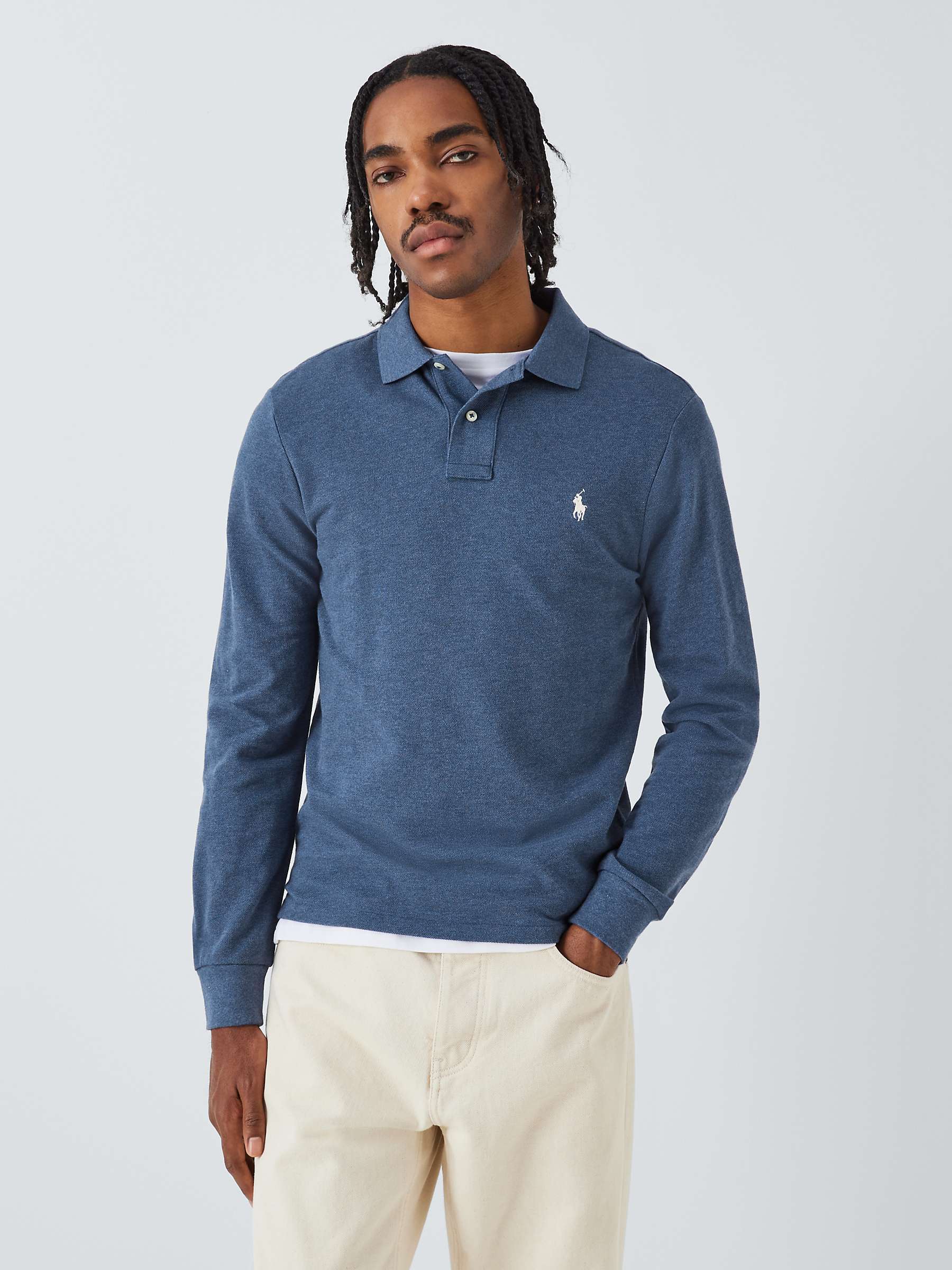 Buy Polo Ralph Lauren Slim Fit Mesh Long Sleeve Polo Shirt, Blue Online at johnlewis.com