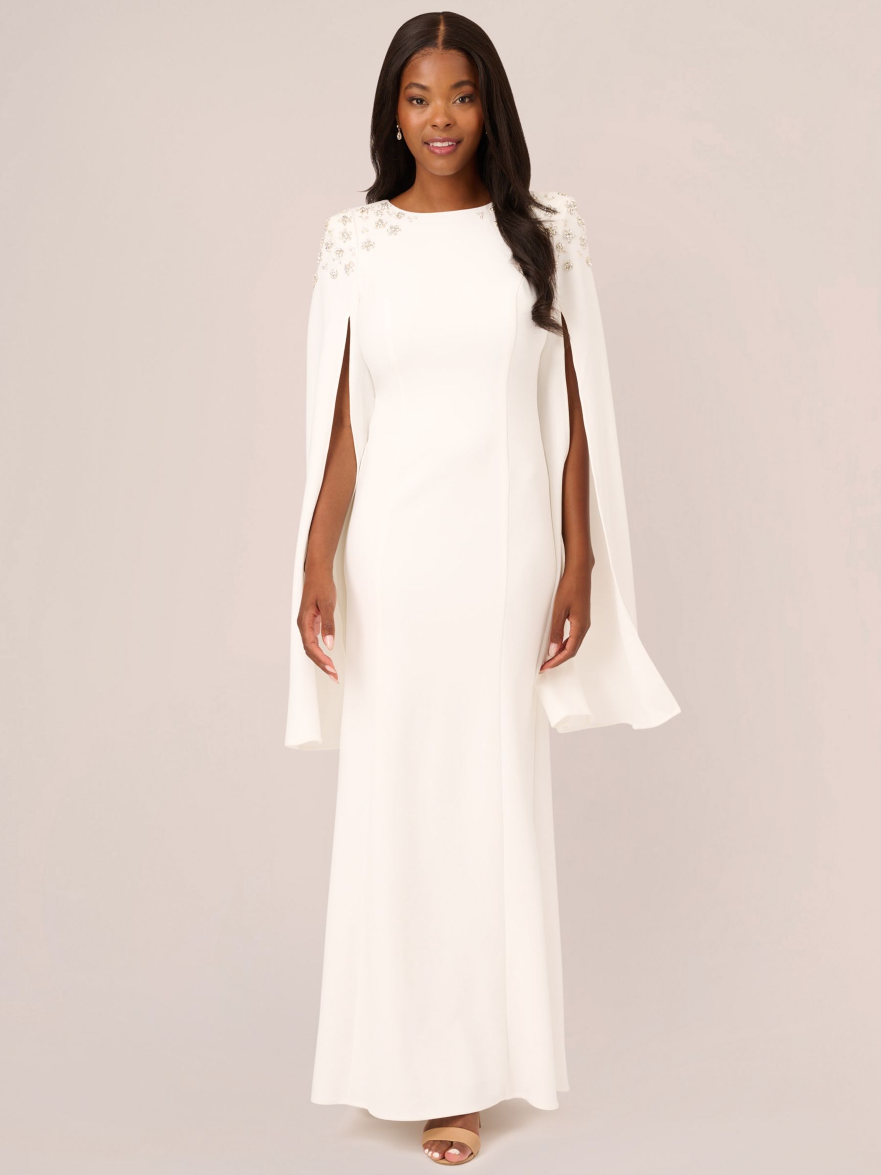 Adrianna Papell Crepe Beaded Cape Sleeve Gown, Ivory, 6