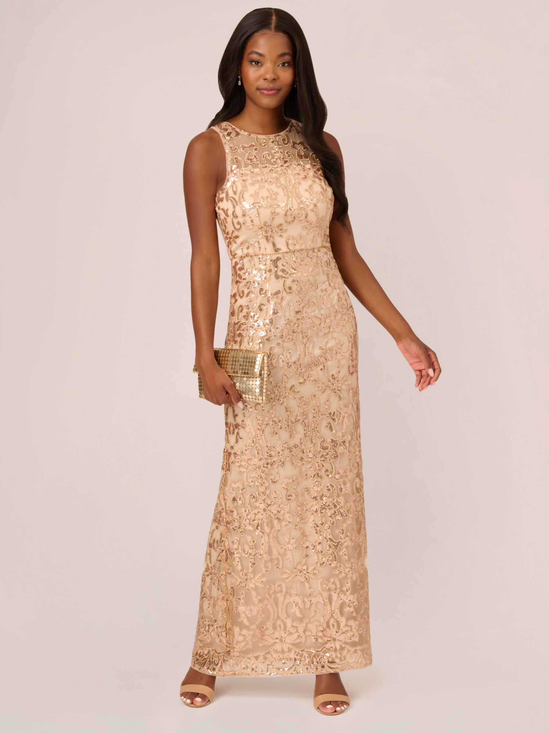 Adrianna Papell Studio Sequin Embroidery Maxi Dress, Champagne